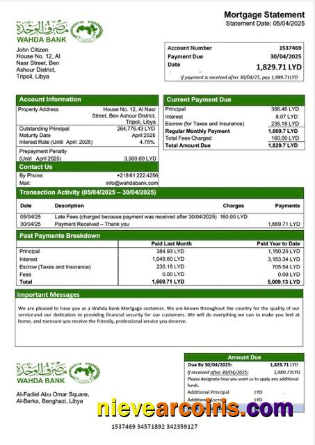 Libya Wahda Bank mortgage statement Word and PDF template